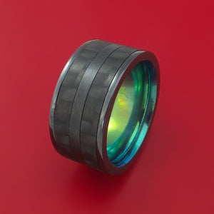 Black Zirconium Ring with Black Carbon Fiber Inlay and Green Anodized Sleeve Custom Made Band
