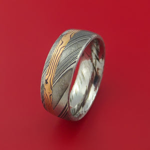 Kuro Damascus Steel Ring with 14k Rose Gold Mokume Shakudo Inlay Custom Made Band
