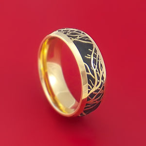14k Yellow Gold Ring with Laser-Etched Tree Branch Design and Cerakote Inlays Custom Made Band