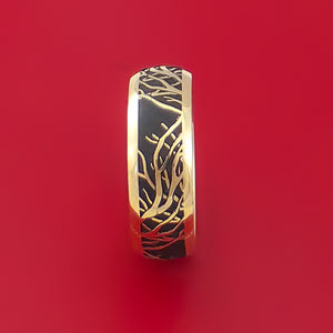 14k Yellow Gold Ring with Laser-Etched Tree Branch Design and Cerakote Inlays Custom Made Band