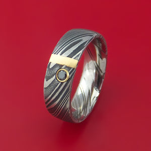 Kuro Damascus Steel Ring with 14k Rose Gold and Black Diamond Custom Made Band