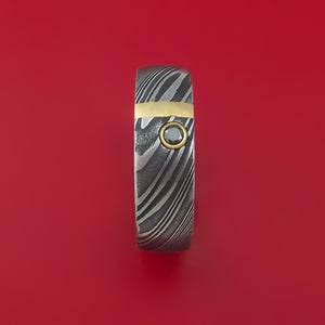 Kuro Damascus Steel Ring with 14k Rose Gold and Black Diamond Custom Made Band