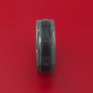 Damascus Steel Ring with Hardwood Inlay and Interior Anodized Titanium Sleeve Custom Made Band