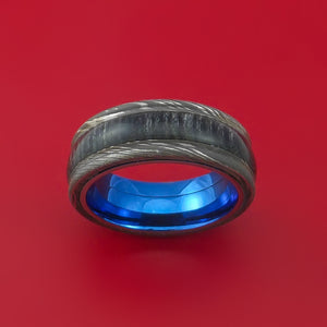 Damascus Steel Ring with Hardwood Inlay and Interior Anodized Titanium Sleeve Custom Made Band