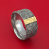 Wide Hammered Damascus Steel Ring with 14k Yellow Gold Inlay Custom Made Band