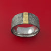 Wide Hammered Damascus Steel Ring with 14k Yellow Gold Inlay Custom Made Band