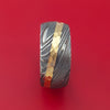 Kuro Damascus Steel Ring and 14k Yellow Gold Hammered Wedding Band Genuine Craftsmanship Custom Made