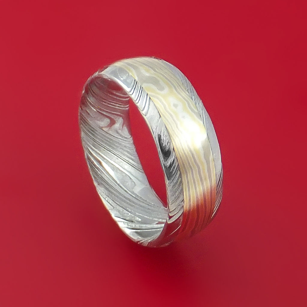 Kuro Damascus Steel Ring with 18k Yellow Gold 14k White Gold and Sterling Silver Mokume Gane Inlay Custom Made Band