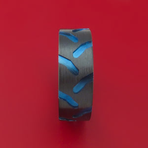 Black Zirconium Ring with Tractor Tire Tread Pattern and Anodized Inlays Custom Made Band