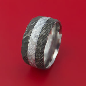 Damascus Steel Ring with Gibeon Meteorite Inlay Custom Made Band