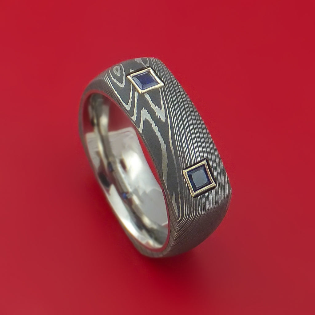 Damascus Steel Square Ring with Titanium Sleeve and Sapphires Custom Made Band