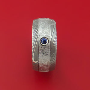 Damascus Steel Ring with Gibeon Meteorite Inlay and Blue Sapphire Custom Made Band