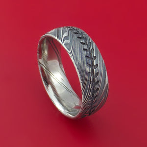 Kuro Damascus Steel Ring with Baseball Stitching and Cerakote Inlays Custom Made Band