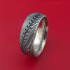 Kuro Damascus Steel Ring with Baseball Stitching and Cerakote Inlays Custom Made Band