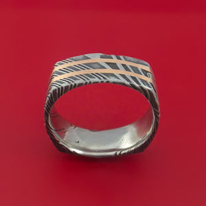 Kuro Damascus Steel Square Ring with 14k Rose Gold Inlays Custom Made Band