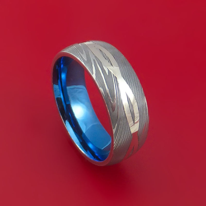 Damascus Steel Ring with 14K White Gold Inlay and Interior Anodized Titanium Sleeve Custom Made Band