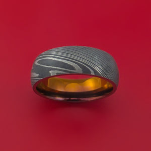 Damascus Steel Ring with Interior Anodized Titanium Sleeve Custom Made Band