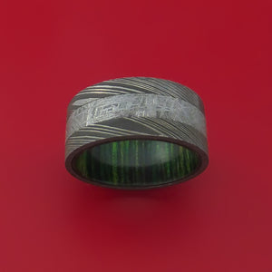 Wide Damascus Steel Ring with Gibeon Meteorite Inlay and Interior Hardwood Sleeve Custom Made Band