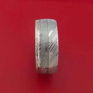 Kuro Damascus Steel Ring with Gibeon Meteorite and 14k White Gold Inlays and Interior Titanium Sleeve Custom Made Band