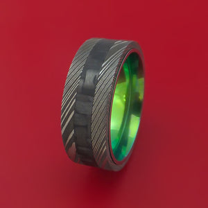 Damascus Steel and Carbon Fiber Ring Custom Made Band with Anodized Titanium Green Interior