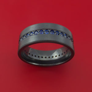 Black Zirconium Ring with Eternity Channel Set Sapphires Custom Made Thin Blue Line Band