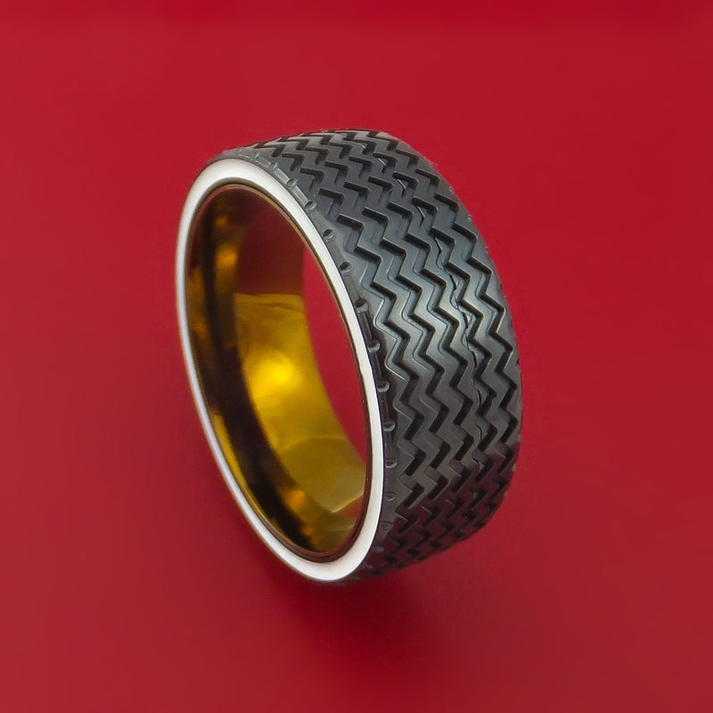 Black Zirconium Spinner Ring with Hot Rod Tire Tread Inlay Cerakote Edges and Interior Anodized Titanium Sleeve Custom Made Band