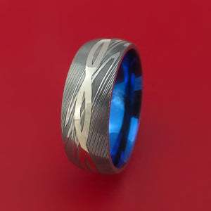 Damascus Steel Ring with 14K White Gold Inlay and Interior Anodized Titanium Sleeve Custom Made Band