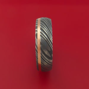 Damascus Steel Ring with 14k Rose Gold Inlay and Interior Anodized Titanium Sleeve Custom Made Band