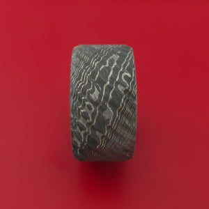 Wide Damascus Steel Ring with Interior Hardwood Sleeve Custom Made Band