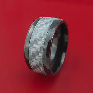 Wide Black Zirconium Ring with Silver Carbon Fiber Inlay Custom Made Band