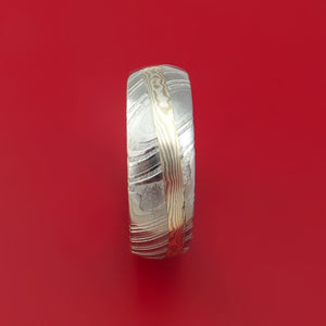 Kuro Damascus Steel Ring with Palladium and Sterling Silver Mokume Gane Inlay Custom Made Band