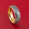 Damascus Steel Ring with Interior 14k Yellow Gold Sleeve Custom Made Band