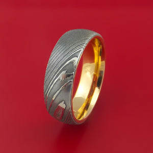 Damascus Steel Ring with Interior 14k Yellow Gold Sleeve Custom Made Band