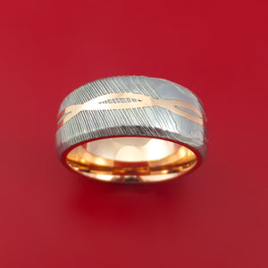 Wide Damascus Steel Ring with 14k Rose Gold Inlay and Interior 14k Rose Gold Sleeve Custom Made Band
