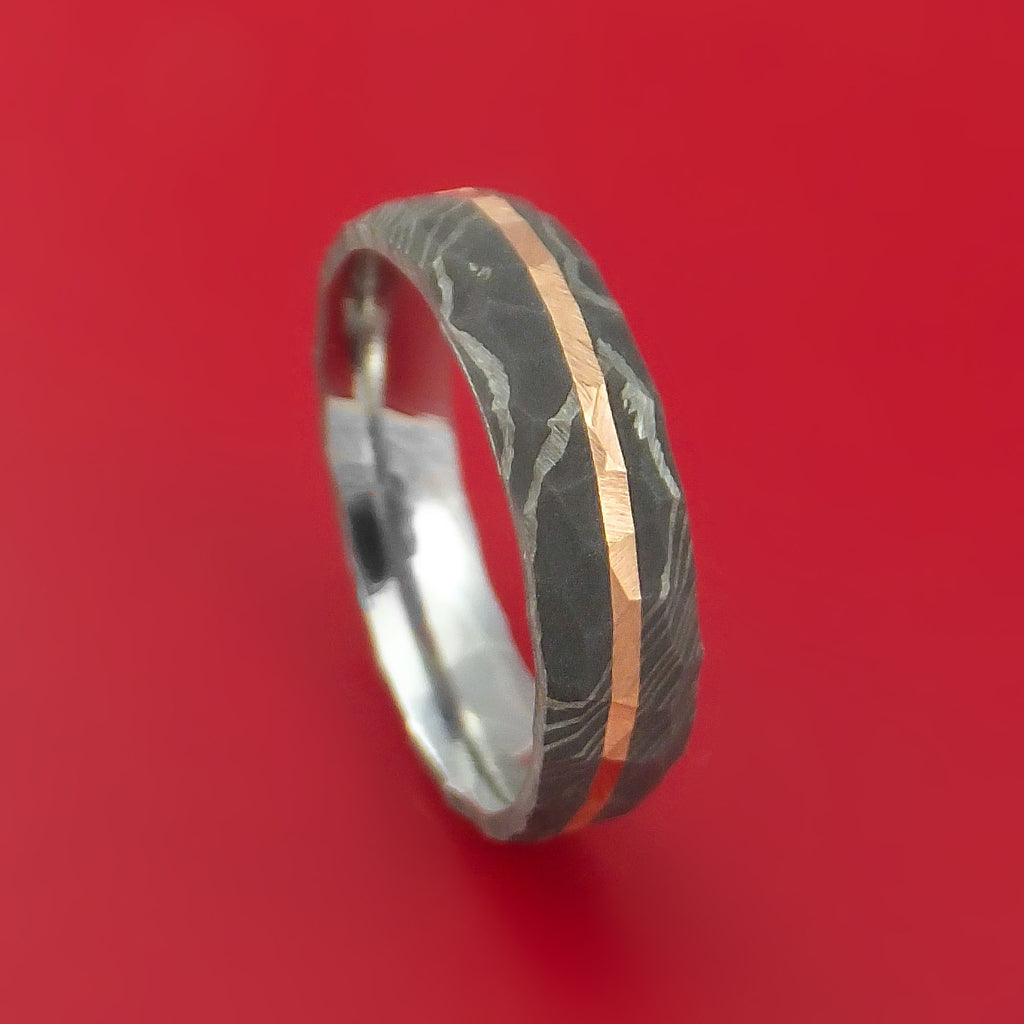 Damascus Steel Rock Hammered Ring with Angled 14k Rose Gold Inlay Custom Band
