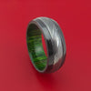 Damascus Steel Ring with  Inlay and Interior Hardwood Sleeve Custom Made Band