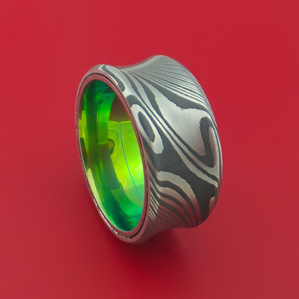 Wide Damascus Steel Ring with Interior Anodized Titanium Sleeve Custom Made Band