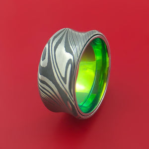 Wide Damascus Steel Ring with Interior Anodized Titanium Sleeve Custom Made Band