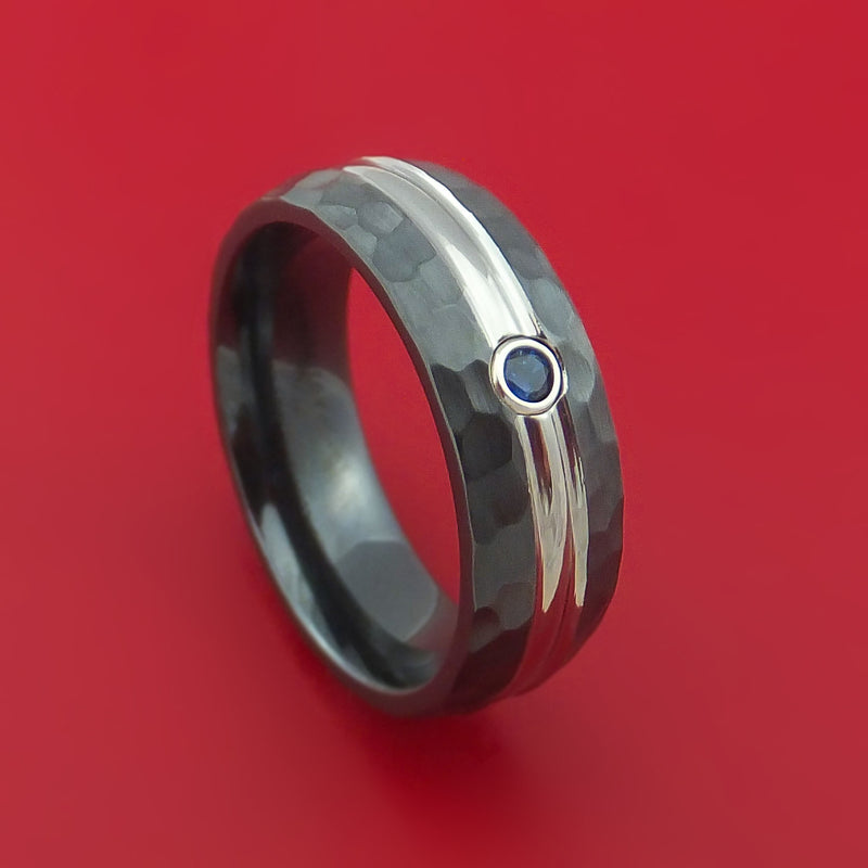 Hammered Black Zirconium Ring with Domed Groove Inlay and Blue Sapphire Custom Made Band