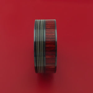Black Zirconium Ring with Hardwood and Nickel-Wound Guitar String Inlays Custom Made Band