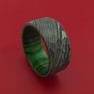 Hammered Damascus Steel Ring with Interior Hardwood Sleeve Custom Made Band