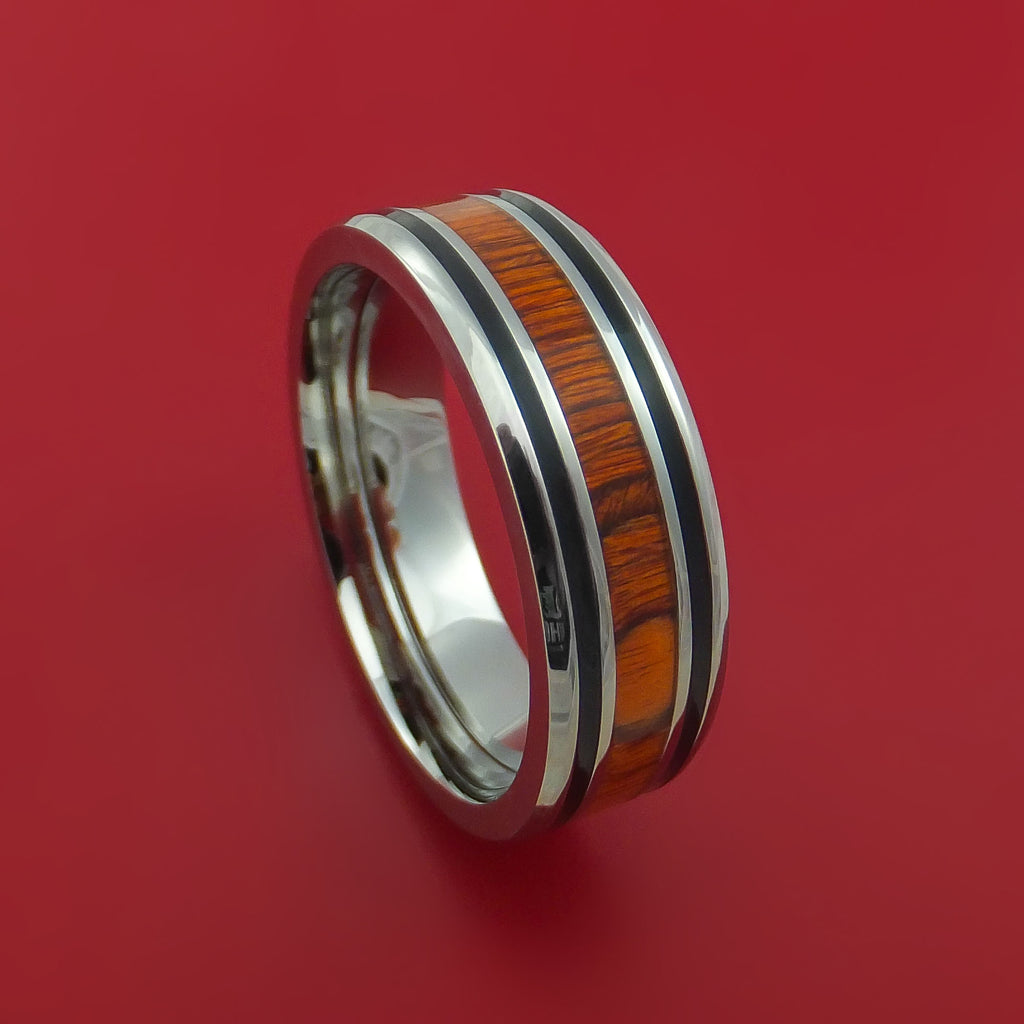 Titanium Ring with Hardwood and Black Enamel Inlays Custom Made Band