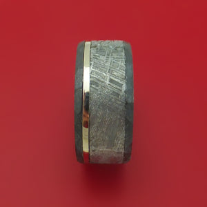 Hammered Black Zirconium Ring with Gibeon Meteorite and Platinum Inlays and Interior Hardwood Sleeve Custom Made Band