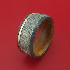 Hammered Black Zirconium Ring with Gibeon Meteorite and Platinum Inlays and Interior Hardwood Sleeve Custom Made Band