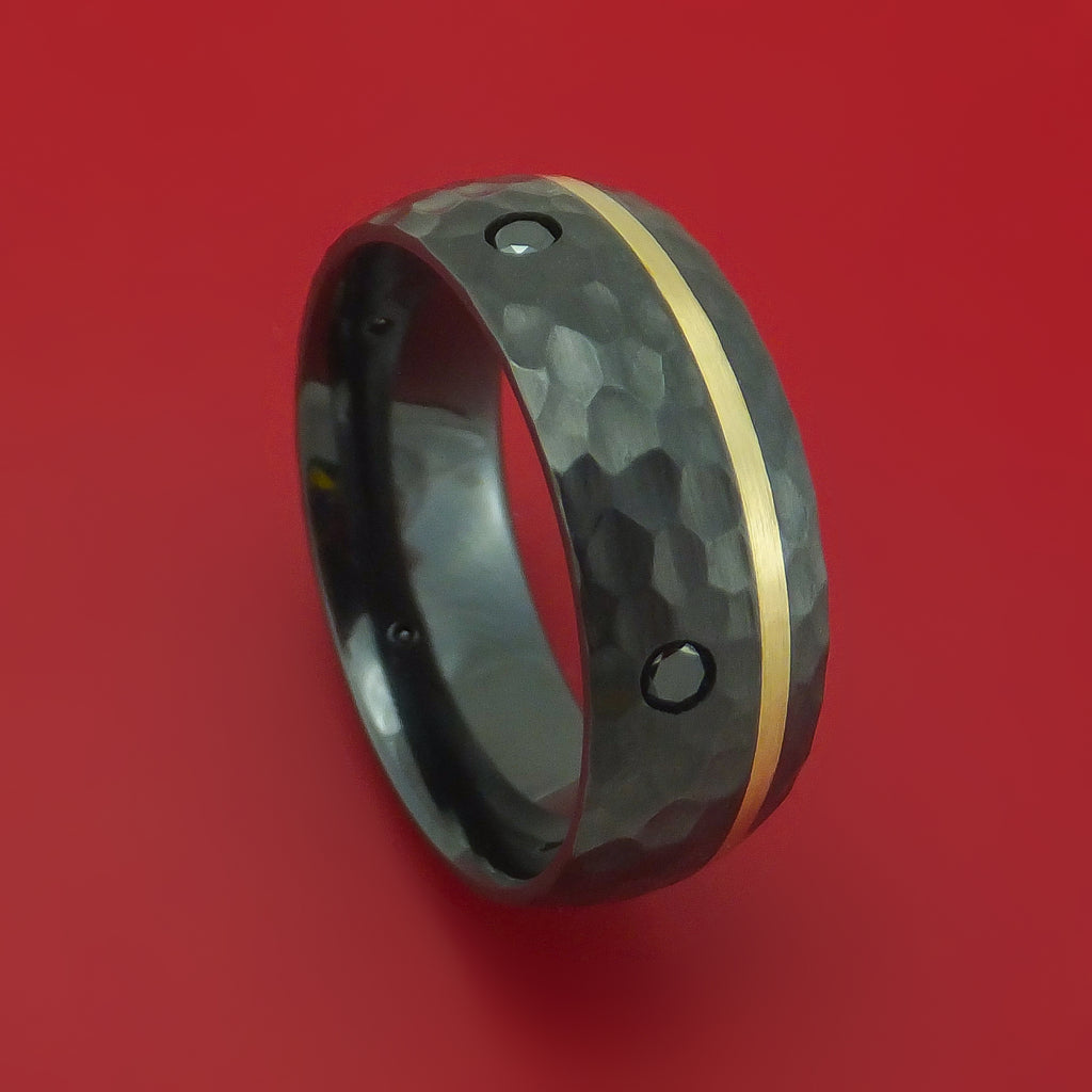 Hammered Black Zirconium Ring with 14k Yellow Gold Inlay and Black Diamonds Custom Made Band