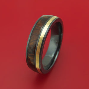 Black Zirconium Ring with 14k Yellow Gold and Hardwood Inlays Custom Made Band