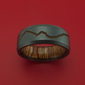 Black Zirconium Ring with Gold-Toned Milled Mountain Range Design Inlay and Interior Hardwood Sleeve Custom Made Band