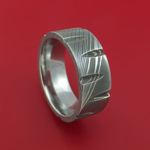 Damascus Steel Ring with Notched Out Wedges Inlay Custom Made Band