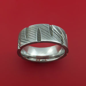 Damascus Steel Ring with Notched Out Wedges Inlay Custom Made Band