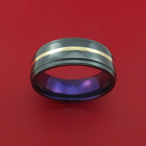 Black Zirconium Ring with 14k Yellow Gold Inlay and Interior Anodized Sleeve Custom Made Band